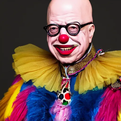 Prompt: UHD candid photo of Klaus Schwab dressed as flamboyant emperor, wearing extremely accurate clown makeup, accurate face, UHD, photorealistic, correct face, photo by Annie Leibowitz