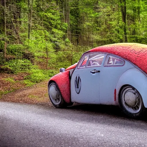 Image similar to promotional scifi - mystery movie scene of a ( volkswagen beatle ) and ladybug hybrid that's more ladybug. racing down a dusty back - road in smokey mountains tennessee. cinematic, 4 k, imax, 7 0 mm, hdr