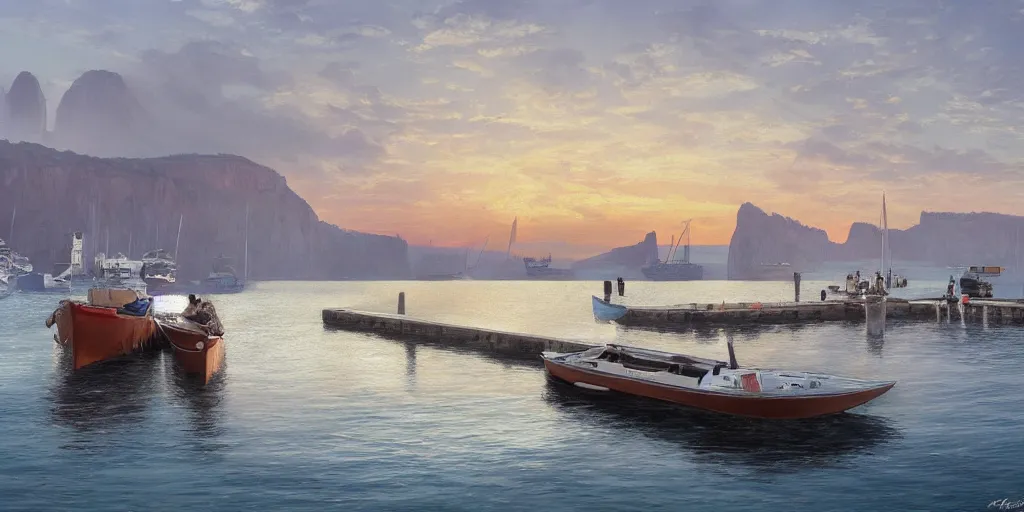 Image similar to wood dock, car on dock, big fishing boat next to the dock with waving sailors. low angle, sunrise, a mediterranean phoenician fishing village in the distance, chalk cliffs above, highly detailed, digital painting, artstation, concept art, sharp focus, illustration, art by artgerm and raphael lacoste and magali villeneuve