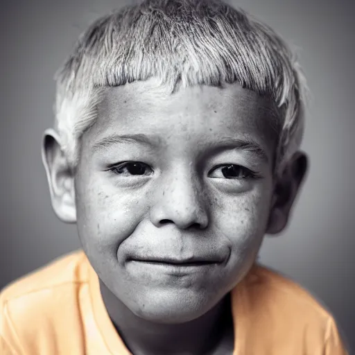 Prompt: portrait of a kid with old wrinkly skin and gray hair