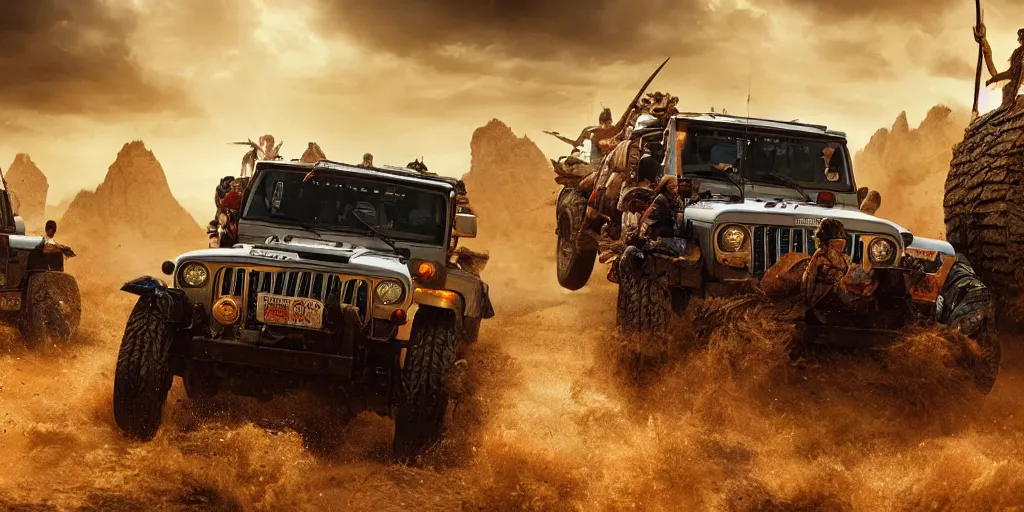 Image similar to Mahindra thar, tribe members attacking, action scene, an epic fantasy, dramatic lighting, cinematic, establishing shot, extremely high detail, photorealistic, cinematic lighting, artstation, by christopher nolan, horizon forbidden west