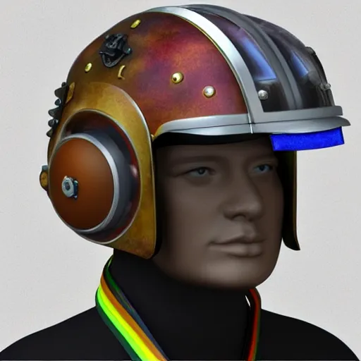 Image similar to steampunk rainbow full face helmet with slide up visor, concept art, render