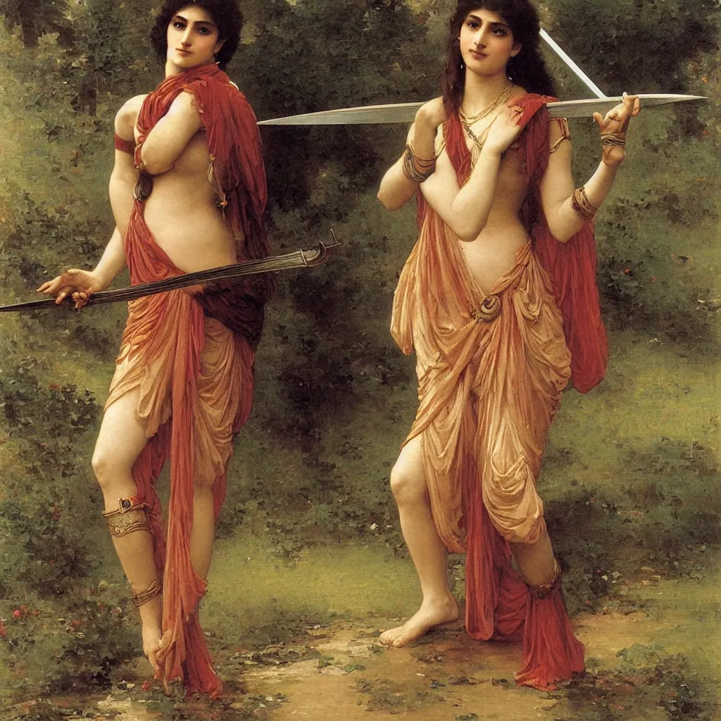 Prompt: an extremely beautiful female hindu warrior carrying swords, art by auguste toulmouche and bouguereau
