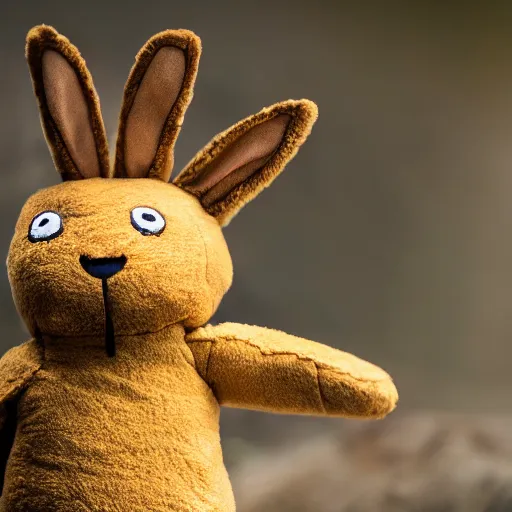 Image similar to a photo of a little brown bunny muppet plush out in nature and wearing a ninja outfit, photorealistic, photography, ambient occlusion, god rays, rtx, national geographic
