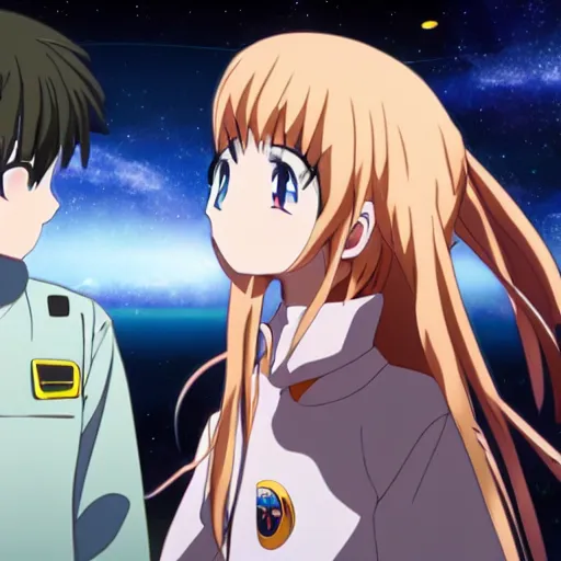 Prompt: An anime girl in a spacesuit in awe at the beauty of the universe 4k