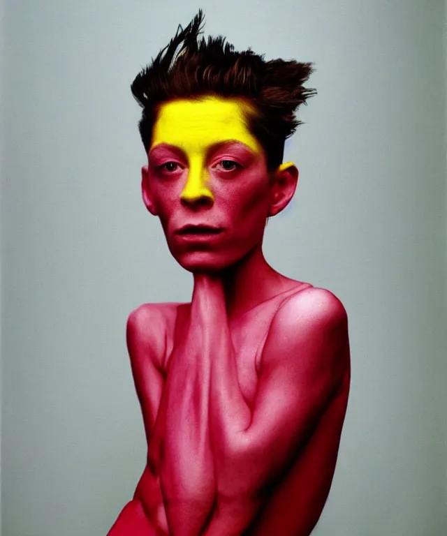 Image similar to a color photograph asia kate dillon, by robert mapplethorpe, intense, bold, exaggerated, overblown, hyperrealistic, ultra sharp, extra details, ultra high quality, trending on pinteresst