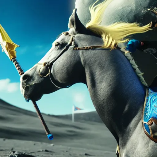 Image similar to zelda riding a horse on moon, detailed realistic face, hyper realistic, 4 k octan render, unreal 5