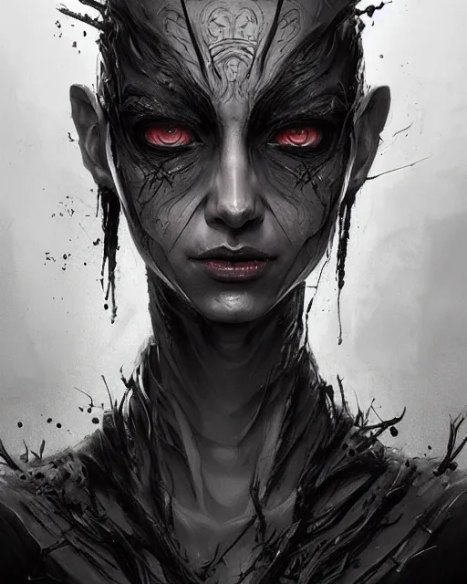 Prompt: professional ominous concept art portrait of a character with black ink makeup and black eyeballs by artgerm and greg rutkowski. an intricate, elegant, highly detailed digital painting, concept art, smooth, sharp focus, illustration, in the style of simon stalenhag, wayne barlowe, and igor kieryluk.