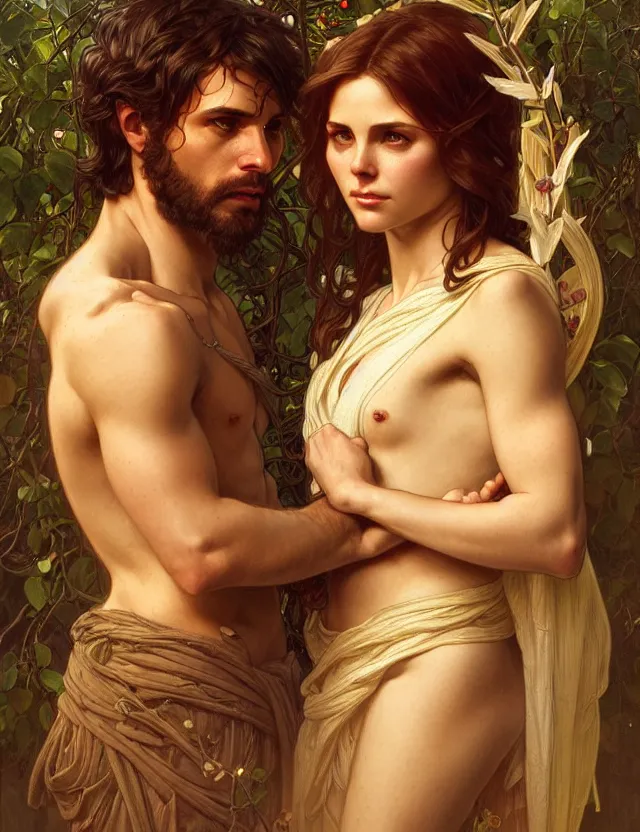 Prompt: portrait of biblical adam and eve, headshot, intricate, innocent, highly detailed, digital painting, artstation, concept art, sharp focus, cinematic lighting, illustration, art by artgerm and greg rutkowski, alphonse mucha, cgsociety