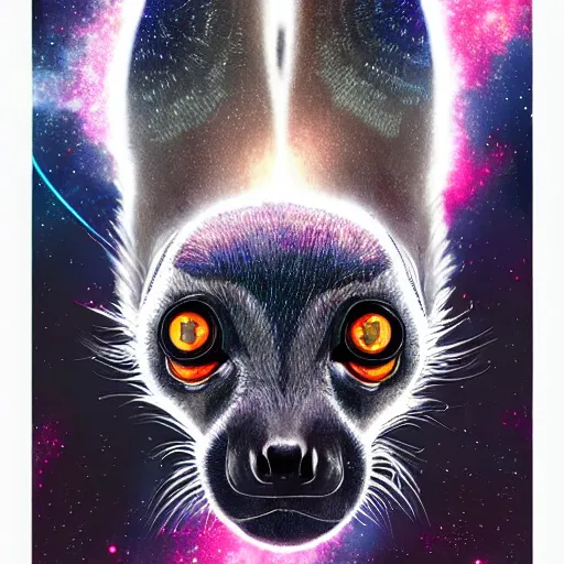 Image similar to Geometric symmetrical lemur with galaxy eyes in space, nebula in the background, intricate, elegant, highly detailed, digital painting, artstation, concept art, smooth, sharp focus, illustration, art by artgerm