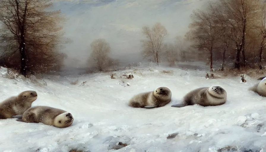 Image similar to highly detailed closeup painting of cute furry white baby seals inside a snowy playpark by william turner, by greg rutkowski, by william constable, thick brush strokes and visible paint layers, 4 k resolution