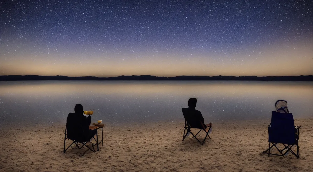 Image similar to someone drinking a cup of tea in the night while watching the stars in the middle of the beach, indigo ambient light