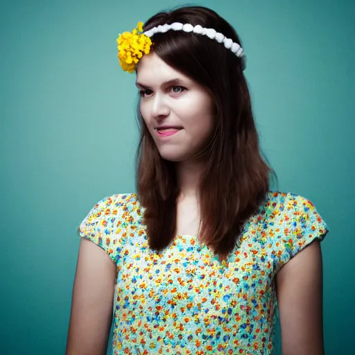 Image similar to a portrait of beautiful nordic woman wearing a white folkdrakt dress. wearing headband of small yellow flowers. teal blue background