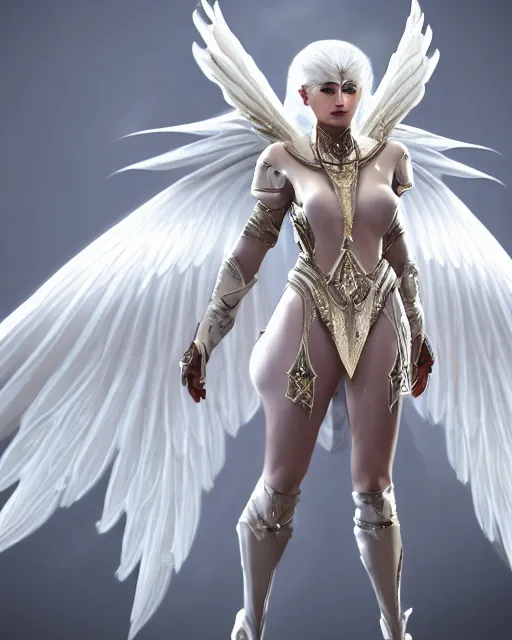 Image similar to perfect white haired egyptian goddess wearing white dove wings, warframe armor, regal, attractive, ornate, sultry, beautiful, charlize theron, half asian, pretty face, blue eyes, detailed, scifi platform, 4 k, ultra realistic, epic lighting, cinematic, masterpiece, art by akihito tsukushi, voidstar, trending on artstation