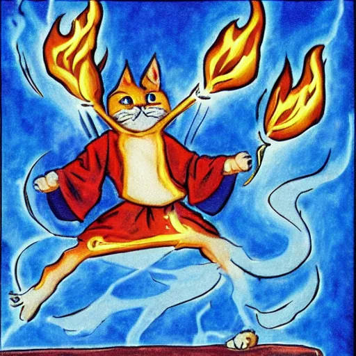 Prompt: A cat wizard wearing blue robes casting a fire spell