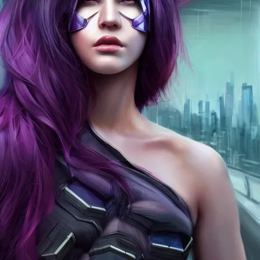 Prompt: photo of a gorgeous caucasian female with long dark purple hair in the style of stefan kostic, tank top, mask, realistic, cyberpunk, body shot, sharp focus, 8 k high definition, insanely detailed, intricate, elegant, art by stanley lau and artgerm, floating embers