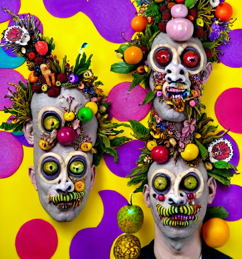 Prompt: portrait of a trickster nature spirit, undead, head made of fruits and jewels and flowers in the style of guiseppe arcimboldo, philip taaffe, david altmejd, pop art, action figure, clay sculpture, claymation, gray and yellow and pink, rainbow stripe background