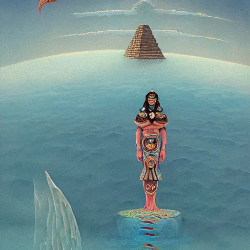 Image similar to mayan priestess floating over an ocean, sharp focus, moebius, print, cinematic, surreal