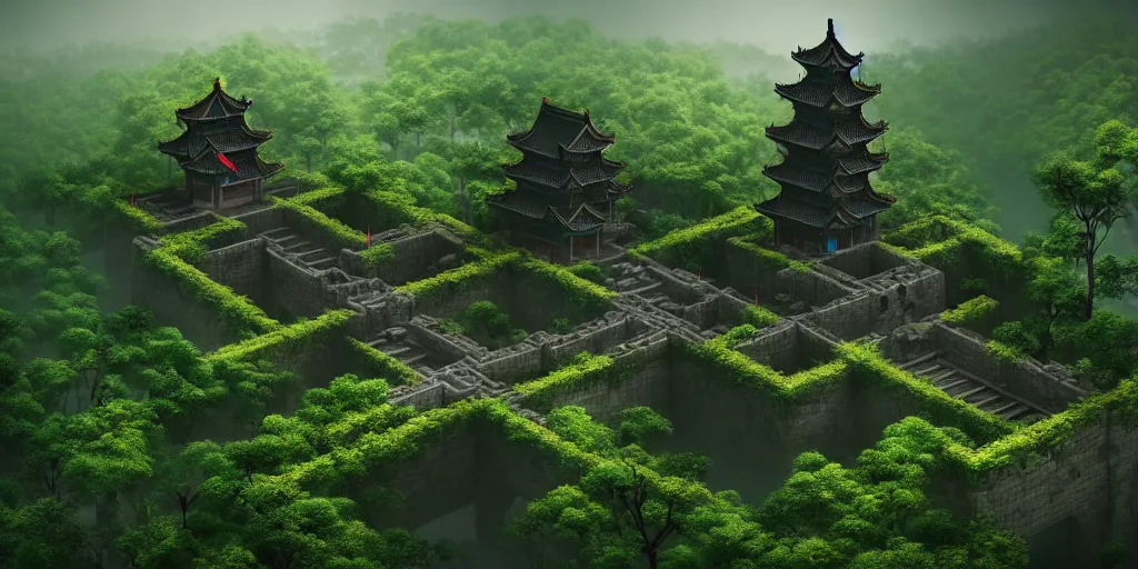 Prompt: giant ancient chinese castle in an forest with some ivy plants on the walls, cinematic, epic, dramatic lighting from above, dark, vines, fantasy, dust, unreal engine, octane, highly detailed, concept art, dark, super realistic