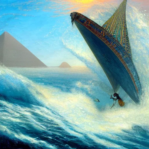 Prompt: an african queen wakeboarding on massive waves in the nile river, by h.r. giger and thomas kinkade, oil on canvas, water fog, pyramid portal, 8k.