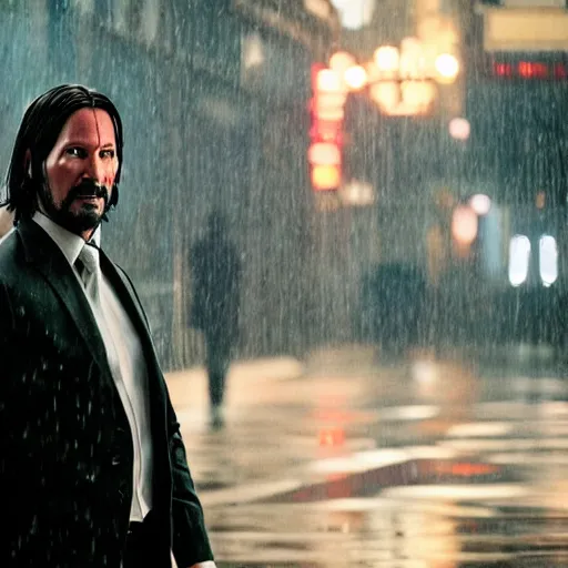 Image similar to john wick looking at thanos, rainy day, volumetric lighting, sharp focus