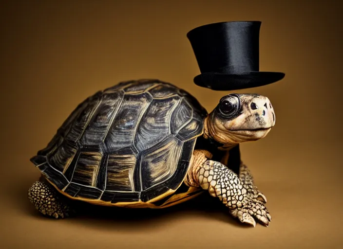 Image similar to photo still of a tortoise wearing a top hat and bowtie, 8 k, studio lighting bright ambient lighting key light, 8 5 mm f 1. 8