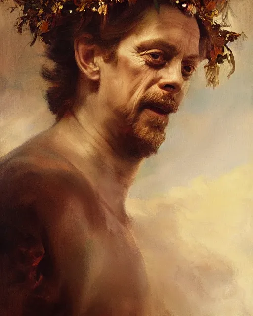 Image similar to beautiful detailed expressive impressionistic oil painting portrait of ancient roman god emperor steve buscemi ascending into the clouds wearing the civic crown, renaissance painting, art by anders zorn, wonderful masterpiece by greg rutkowski, expressive brush strokes, beautiful cinematic light, american romanticism by greg manchess, jessica rossier