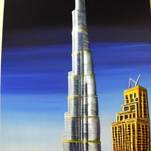 Image similar to The Burj Khalifa, Dubai, acrylic painting, high detail -1024