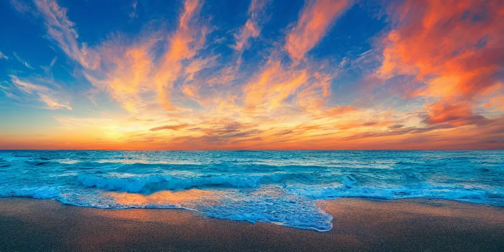Prompt: a beautiful picture of the ocean, the sunset of the sea at ten o'clock in the evening, the sparkling light blue sea water, the stars shining, the beach, many golden twinkling crystal covering the beach, the sunset, the beautiful colorful clouds hd