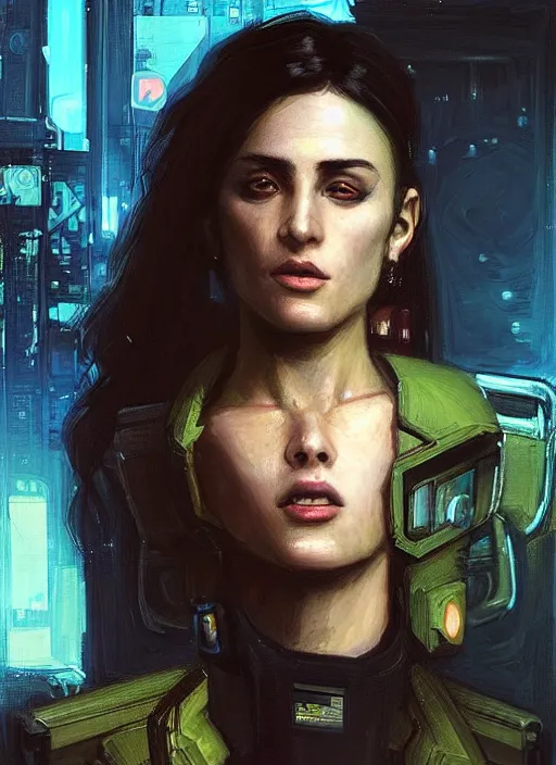 Image similar to Nikki. dangerous beautiful cyberpunk female USN marine wearing a military vest and military jumpsuit (cyberpunk 2077, bladerunner 2049). gorgeous face. Iranian orientalist portrait by john william waterhouse and Edwin Longsden Long and Theodore Ralli and Nasreddine Dinet, oil on canvas. Cinematic, hyper realism, realistic proportions, dramatic lighting, high detail 4k