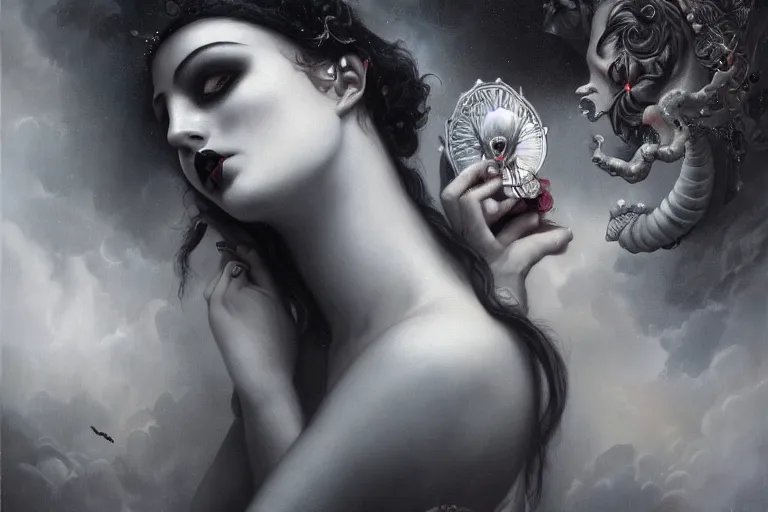 Prompt: By Tom Bagshaw, ultra realist soft painting of curiosities carnival by night, very beautiful horn single female gothic wearing corset closed eyes, symmetry accurate features, very intricate details, omnious sky, black and white, volumetric light clouds