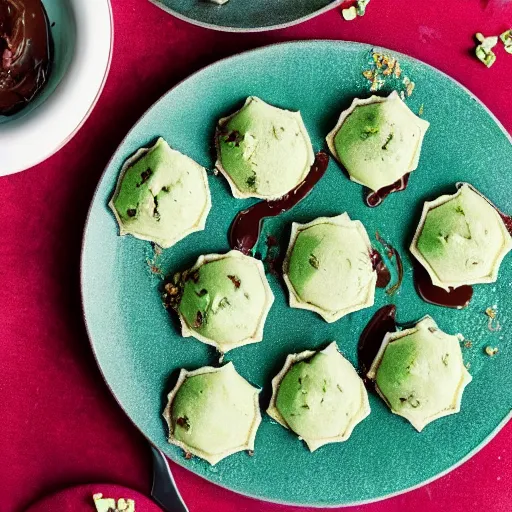 Prompt: photo of mint chocolate chip ravioli on a food magazine