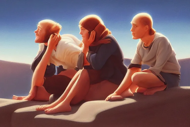 Prompt: beautiful painting of friends, beautiful faces, sitting on the edge, cute, soft light, digital painting by ralph mcquarrie and belotto bernardo