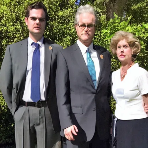 Image similar to american gothic with marjorie taylor green and matt gaetz,