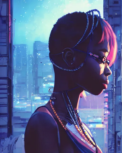 Image similar to kyoto animation, cool african lady wearing cyberpunk intricate warcore, beautiful, detailed portrait, cell shaded, 4 k, concept art, by wlop, ilya kuvshinov, artgerm, krenz cushart, greg rutkowski, pixiv. cinematic dramatic atmosphere, sharp focus, volumetric lighting, cinematic lighting, studio quality