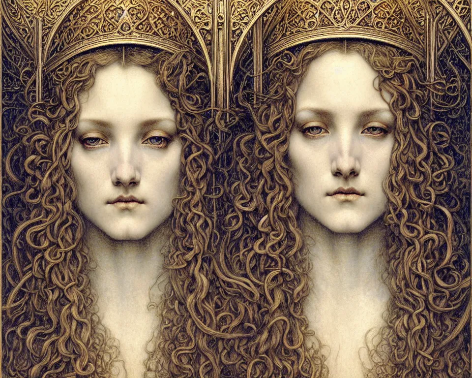 Image similar to detailed realistic beautiful young medieval queen face portrait by jean delville, gustave dore and marco mazzoni, art nouveau, symbolist, visionary, gothic, pre - raphaelite. horizontal symmetry