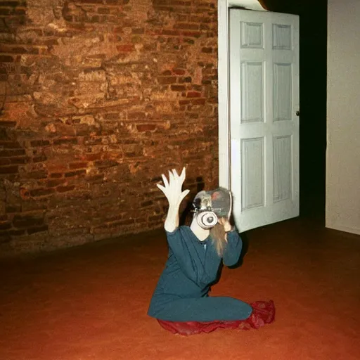 Prompt: 1 9 9 0 s, disposable camera shot, an old lady levitating, horror, basement, camera flash, 1 5 0 mm, basement, hyper realistic