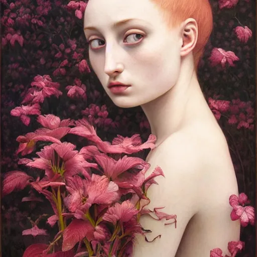 Prompt: sophie turner girl, botanical, banana, marble white complexion, portrait face, colorful, kupka, intricate, miles johnston, kuroda seiki, ozabu, godward, painterly, yoshitaka amano, moebius, miles johnston, louise zhang, james jean, mark ryden lowbrow pop surrealism art style