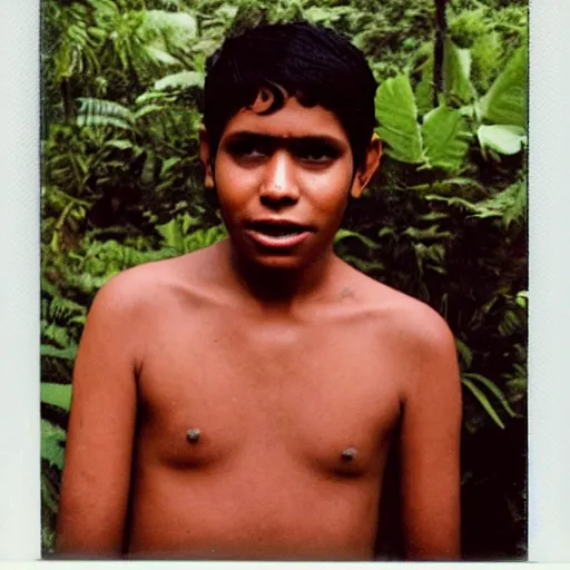 Image similar to a professional polaroid full body photo of a sri lankan jungle girl, black hair, light freckled skin and a look of panic on his face. extremely high fidelity. key light.