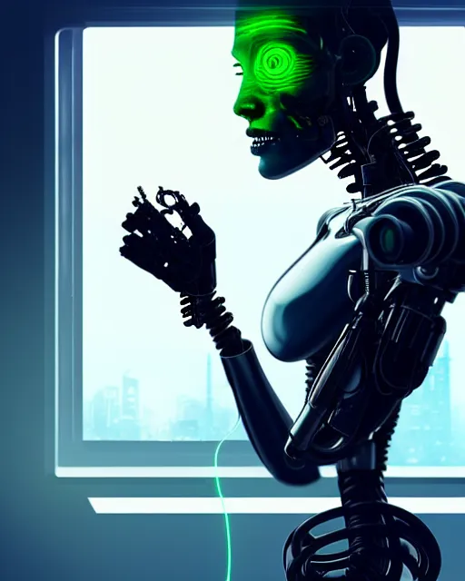 Image similar to a terminator cyborg lady with borg implants and a human face and is hanging from cables and wires off the ceiling of a lab and is drinking coffee. tiny green led lights in her cybernetics. sophisticated lab in the background, with dystopian city visible through the window. very detailed 8 k. horror cyberpunk style.