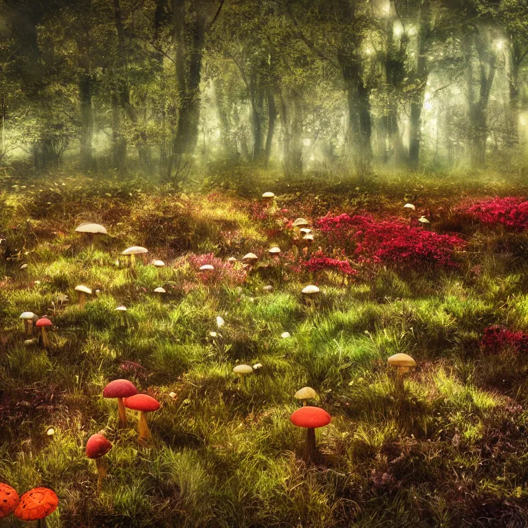 Image similar to a planet of various fungus like trees, mushrooms, flowers and plants, artistic photography, conceptual, long exposure outside the city, volumetric light