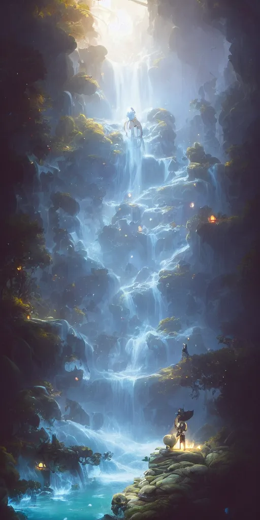 Prompt: Detailed exterior of the silky serene waterfalls of harmony, glowing blue rocks, stunning atmosphere, in Style of Peter Mohrbacher, cinematic lighting