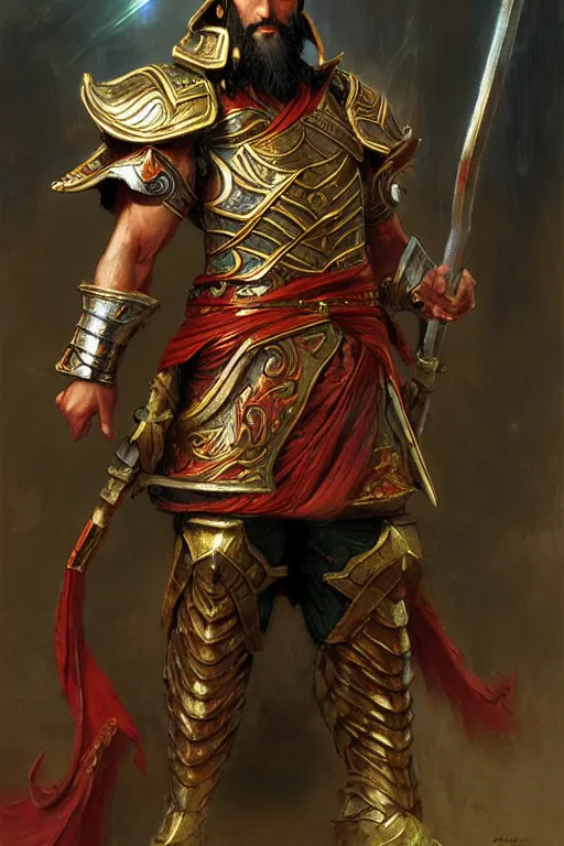 Image similar to attractive male with armor and clothes, guan yu, character design, colorful paint, sweat, painting by gaston bussiere, craig mullins, j. c. leyendecker