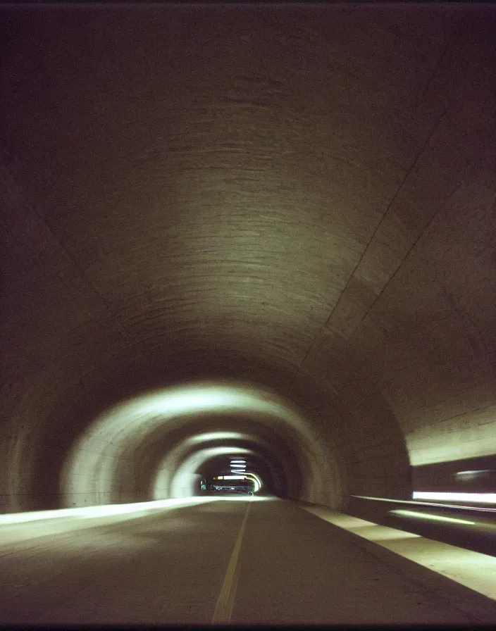 Image similar to tunnel under detroit airport, telephoto zoom, 2 0 0 mm, kodak kodachrome 6 4,