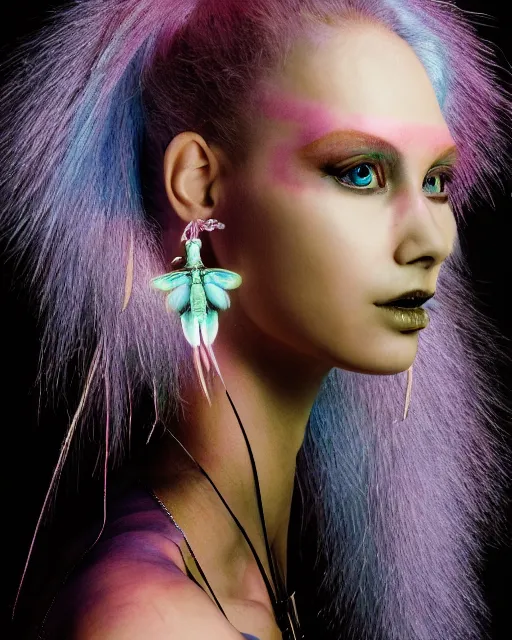 Image similar to natural light, soft focus portrait of a cyberpunk anthropomorphic dragonfly with soft synthetic pink skin, blue bioluminescent plastics, smooth shiny metal, elaborate ornate head piece, piercings, skin textures, by annie leibovitz, paul lehr