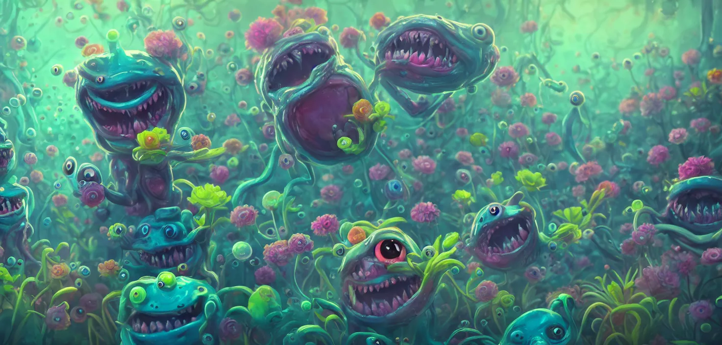 Prompt: intricate colourful murky nature with strange cute friendly happy crazy monsters with huge beauty cute eyes long tongue triangle teeth and cute face appearing from the flowers in water, in the style of craola, shallow depth of field, highly detailed, digital painting, trending artstation, concept art, illustration, cinematic lighting, vibrant colors, photorealism, epic, octane render