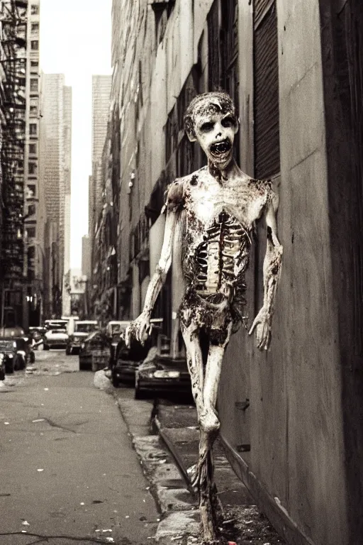 Image similar to 35mm photo of a fungus zombie in a nyc alley