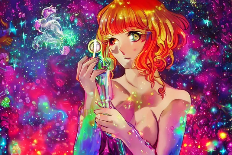 Image similar to psychedelic, full body picture, whimsical, anime, 4k, beautiful lusty woman smoking a bong, with professional makeup, long trippy hair, a crystal and flower dress, sitting in a reflective pool, surrounded by gems, underneath the stars, rainbow fireflies, trending on patreon, deviantart, twitter, artstation, volumetric lighting, heavy contrast, art style of Ross Tran and Miho Hirano and Ilya Kuvshinov