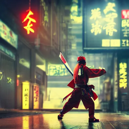 Image similar to ninja samurai with a katana in hand finishing his opponent, Ninja samurai has a dark costume, Japanese street environment, neon signboards in the background, shallow blur background, characters in focus, rainy weather, blood splatter on the ground, high detailed, intricate details, photorealistic, cinematic