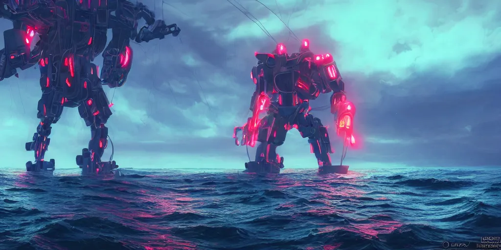 Prompt: a professional photographic view picture of a giant neon robot coming out of the dark ocean ,photographic filter unreal engine 5 realistic hyperdetailed 8k ultradetail cinematic concept art volumetric lighting, fantasy artwork, very beautiful scenery, very realistic painting effect, hd, hdr, cinematic 4k wallpaper, 8k, ultra detailed, high resolution, artstation trending on artstation in the style of Albert Dros glowing rich colors powerful imagery nasa footage drone footage drone photography